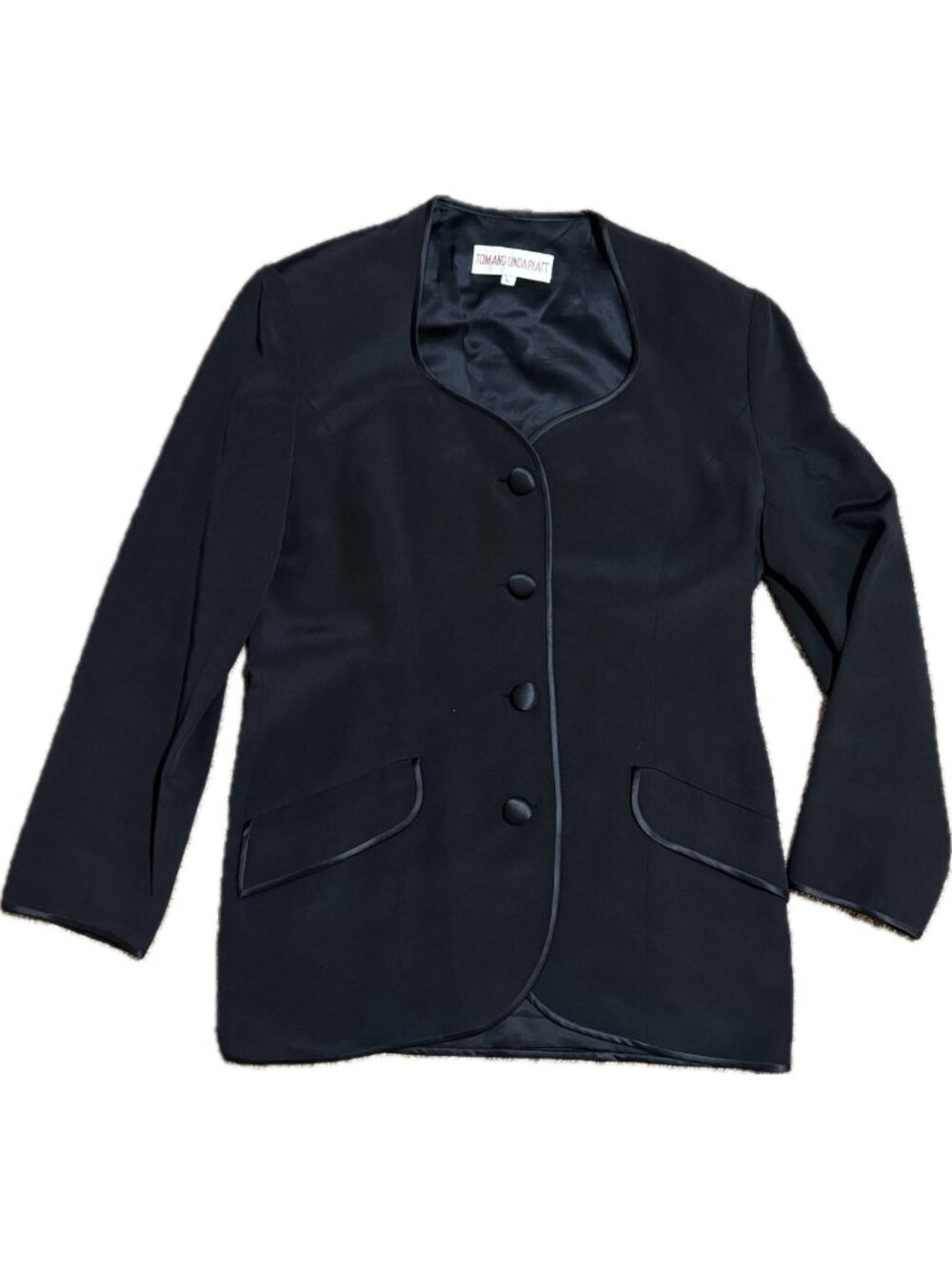 VTG 80’s Tom And Linda Platt L Jacket Blazer Top Sweetheart Neckline Black Silk